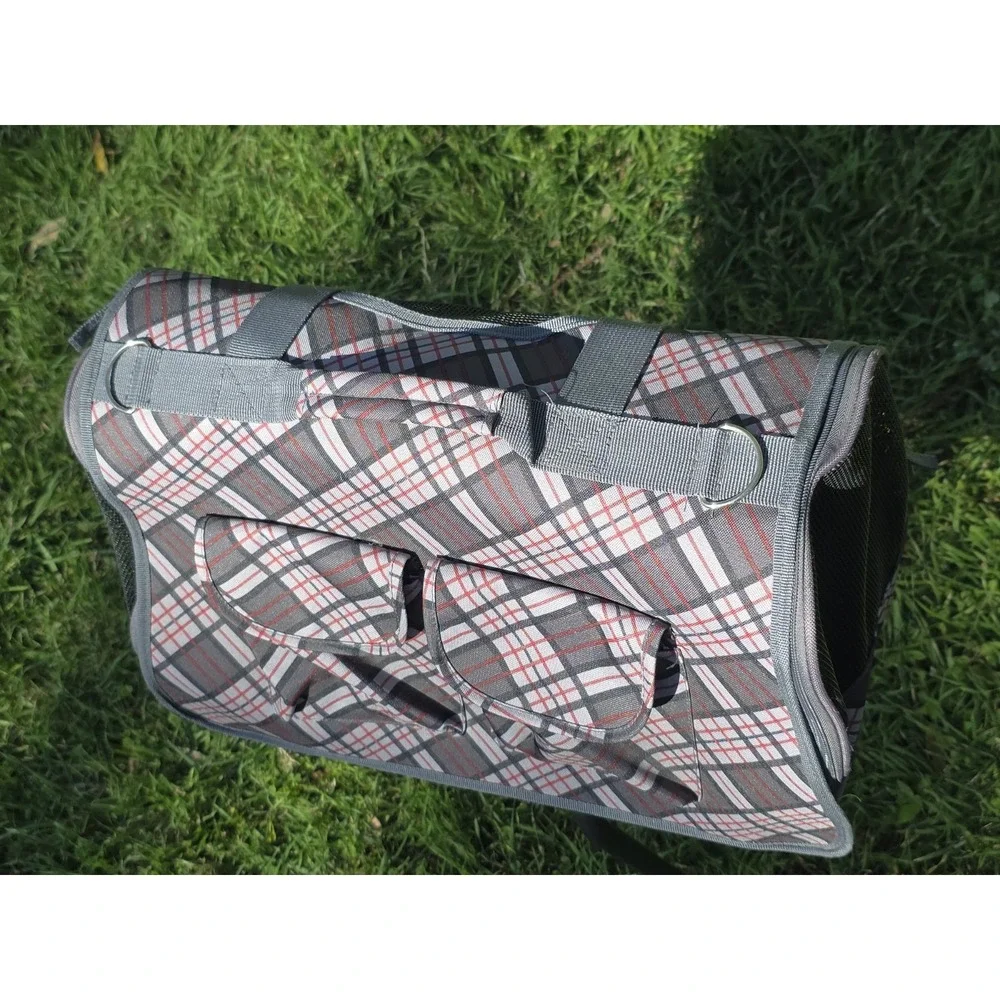 Plaid Soft Sided Pet Carrier Bag Grey Red Small Dog Cat Travel Tote Mesh Pockets